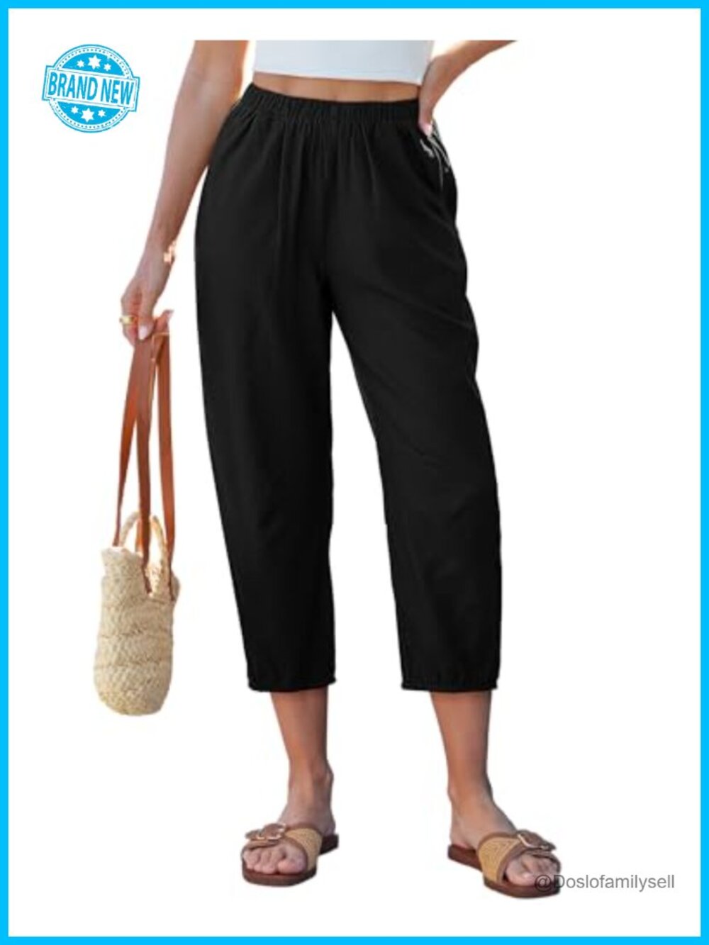 Linen Barrel High Waisted Pull On Capri Pants Summer Beach Vacation
